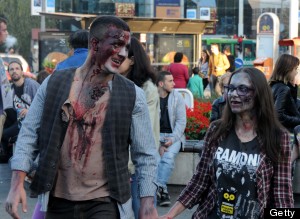 BELGRADE, SERBIA - OCTOBER 19: People dressed as a zombie a stage a march in the last day of the 2013 Serbian Fantastic Film Festival on October 19, 2013 in Belgrade, Serbia. (Photo by Medin Halilovic/Anadolu Agency/Getty Images)